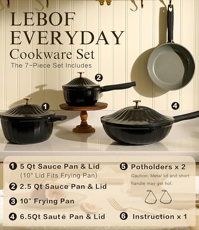Nonstick Ceramic Cookware Set (7 Piece)–Titanium Cast Aluminum Pots and Pans Set with Lids Non Toxic PFAS-Free Compatible with All Stovetops–Jet Black