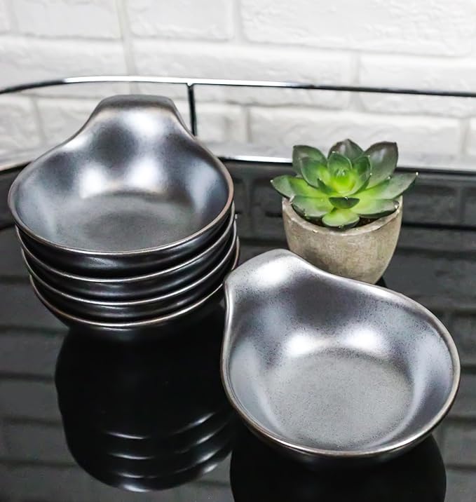 Ebros Gift Iron Black Clay Underglaze Technique Tetsu Kesho Porcelain Dinnerware Kitchen Set Asian Japanese Restaurant Supply (Set of 5 Soup Appetizer Dessert Sauce Shallow Bowls With Handle)