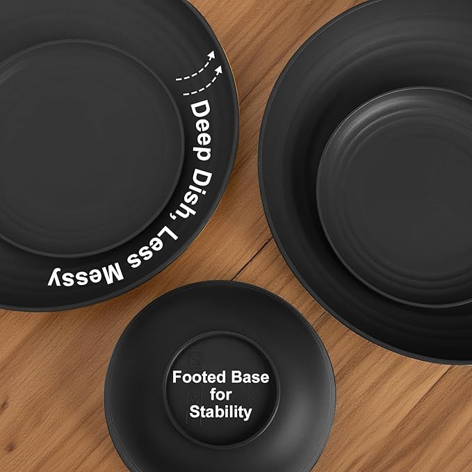 Wheat Straw Dinnerware Sets for 8Plastic Plates and Bowls Sets 32-Piece Unbreakable &amp Lightweight Dish Set Camping Plates Cereal Bowls Cup Sets for Kitchen Apartment Essentials - Black