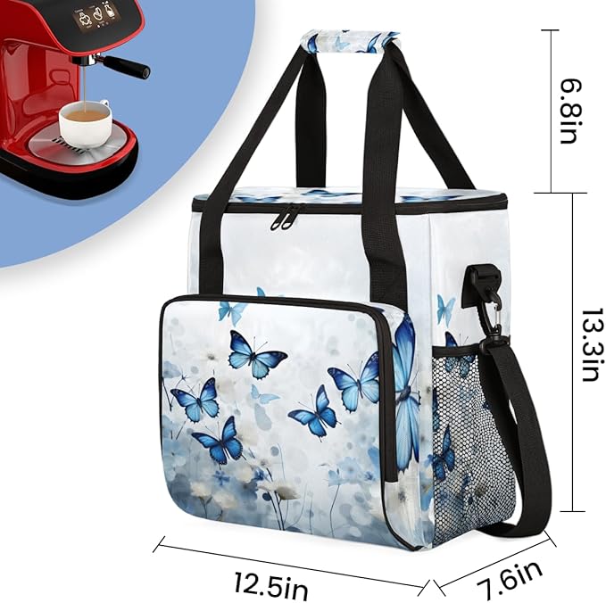 Flowers Butterfly Coffee Maker Carrying Bag Glitter Butterfly Travel Storage Bag Compatible with K-Mini or K-Mini Plus Single Serve Coffee Brewer Carrying Case with Multiple Pockets &amp Shoulder S