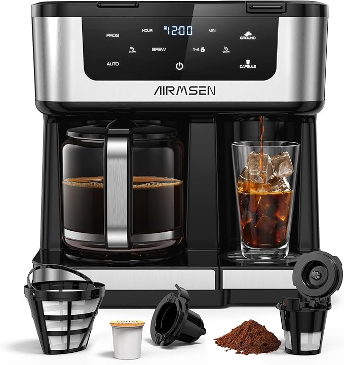 AIRMSEN 12-Cup Programmable Dual Coffee Maker – Single Serve Machine for K-Cup Pods &amp Ground 1000W Fast Brew Delay Start 2H Keep Warm Touchscreen 60oz Tank Glass Carafe – Home &amp Office