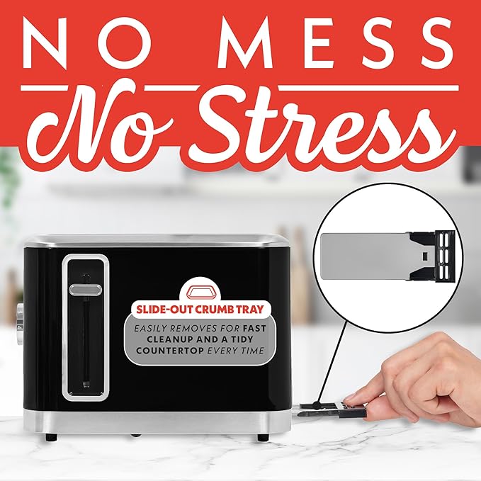 Gourmia 2 Slice Toaster – 6 Browning Levels with Bagel and Defrost Mode One-Touch Toasting Removable Crumb Tray Extra Wide Slots Compact Design Black