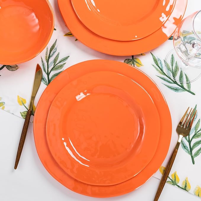 LEHAHA Orange Melamine Dinnerware Set 12 Piece Kitchen Tableware Plates Bowls Dishes Set Lightweight Unbreakable Dinnerware Set for 4 Dishwasher Safe and BPA free