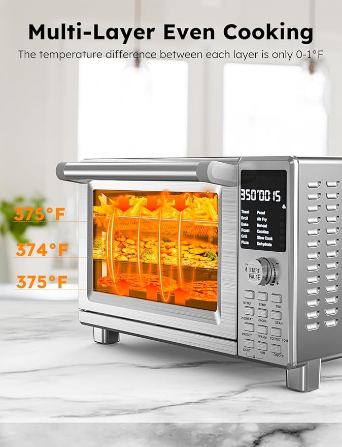 Nuwave Bravo Pro Smart Toaster Oven Countertop True Air Fryer Combo w/Improved 100% Convection 35% Crispier 112 Presets Customizable Pizza Zones Integrated Probe PFAS Free 30QT Stainless Steel