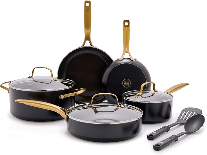 Blue Diamond Gold 10 Piece Cookware Pots and Pans Set Induction Suitable Diamond Infused PFAS-Free Ceramic Nonstick Durable Metal Utensil Safe Dishwasher Safe Gold Handle Black