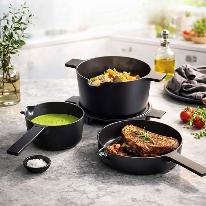 Alva Neat Black 5-Piece Nonstick Ceramic Cookware Set – Lightweight Nonstick Cookware Set – Easy to Store – Induction &amp Oven Safe Made Without PFAS PTFE PFOA – Non Stick Pots and Pan Set