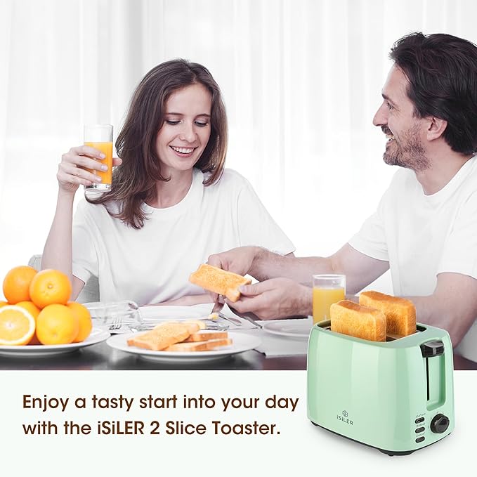 iSiLER 2 Slice Toaster 1.3 Inches Wide Slot Bagel Toaster with 7 Shade Settings and Double Side Baking Removable Crumb Tray Defrost Cancel Function Green