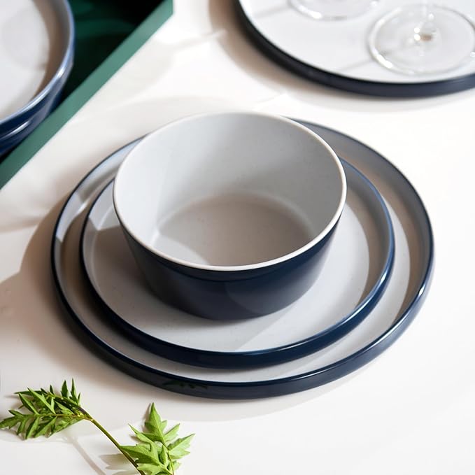 Melamine Dinnerware SetsPlate and Bowl Set for 412 Pcs Dish Set with Lipped EdgesLightweight and Reusable Dishware Sets for CampingDishwasher SafeGood for Housewarming(Navy BlueGray)