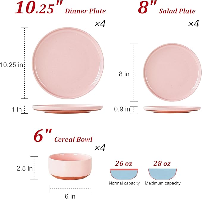 Plates and Bowls Sets 12 Piece Ceramic Dinnerware Set for Family and GatheringsDishes Set for 4Dishwasher &amp Microwave Safe Handcrafted Dishware SetsElegant Pink