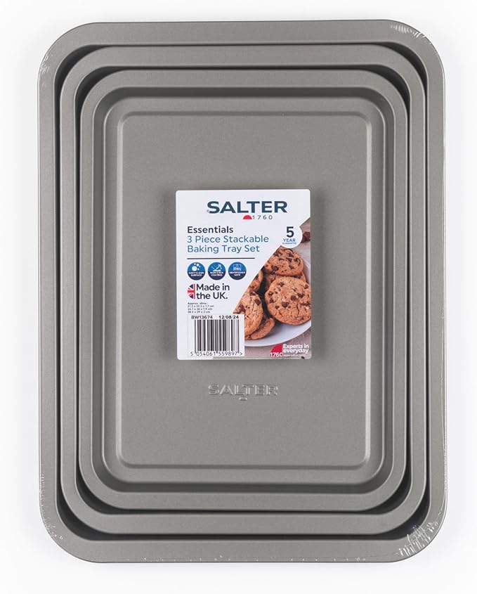 Salter Essentials 3-Piece Baking Tray Set – Non-Stick Coating 31/35/39 cm Stackable Oven Sheets Dishwasher Safe Easy to Clean Made in The UK Durable Chip Trays Lightweight PFOA-Free BW13674