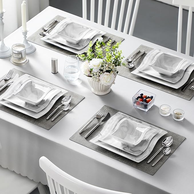 MALACASA Plates and Bowls Set 12-Piece Modern Porcelain Dinnerware for 4 Marble Square Ceramic Dish Set Microwave and Dishwasher Safe Flora Series