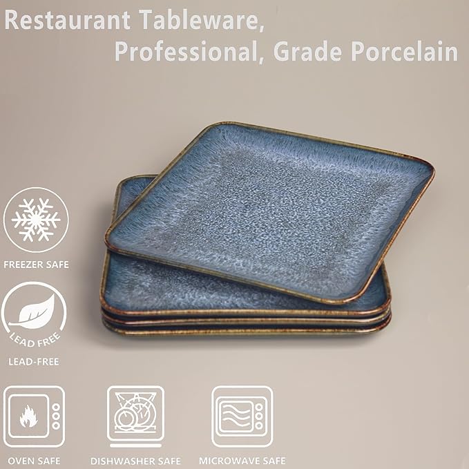 4-piece ceramic dinner plate set suitable for steak pasta and pizza microwave- and dishwasher-safe scratch-resistant blue 9-inch square dinner plate