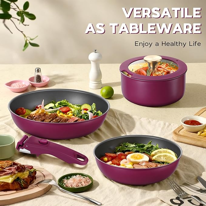 Walchoice 5Pcs Pots and Pans Set Granite Nonstick Cookware Set with Detachable Handle Stackable Kitchen Cooking Set with Saucepan Frying Pans Induction Compatible &amp Oven Safe - Purple