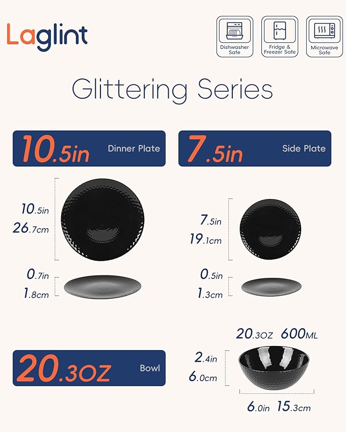 Dinnerware Sets Light &amp Durable 18 Pieces Opal Glass Plates and Bowls Set Dishwasher and Microwave Safe Dish Dinning Ware Thin but Strong Geometric Faceted Black