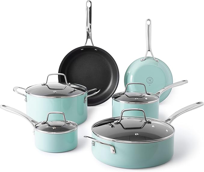 Martha Stewart Lockton Premium Nonstick 10 Piece Enamel Aluminum Pots and Pans Cookware Set + Martha Stewart BPA Free Plastic Cutting Board (16 x 12 and 12 x 8) - Martha Blue