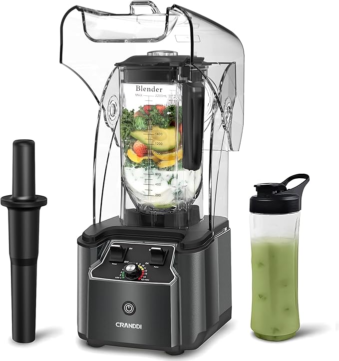 CRANDDI Commercial Quiet Blender 2200 Watt Professional Countertop Blender with 80oz Pitcher Built-in Pulse &amp 15-speeds Control Smoothie Blender for Commercial and Home K90 Grey