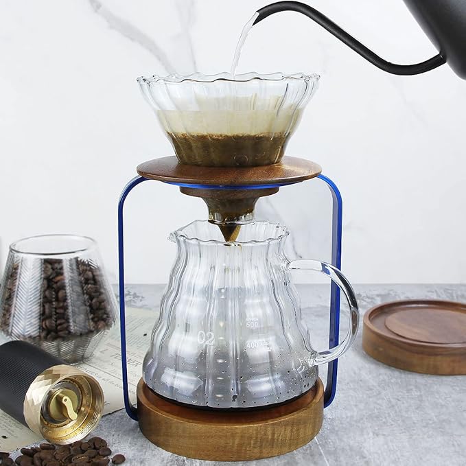 SOTECH Pour Over Coffee Dripper Stand with Metal Stand Wooden Filter Holder Glass Server with Paper Coffee Filters Coffee Maker Stand Set for Coffee Tea and Saffron