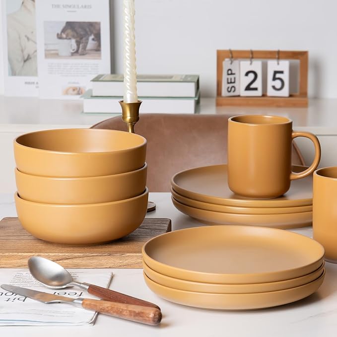 12-Piece Stoneware Dinnerware Set for 3 Matte Glaze Finish Mustard Yellow Microwave and Dishwasher Safe Includes Dinner Plates Salad Plates Bowls Mugs