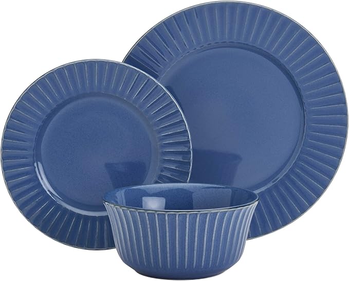 Tabletops Gallery Richmond 12-Piece Reactive Glaze Stoneware Dinnerware Set of Kitchen Dishes Dinner Plates Cereal Bowls Service for 4 Blue