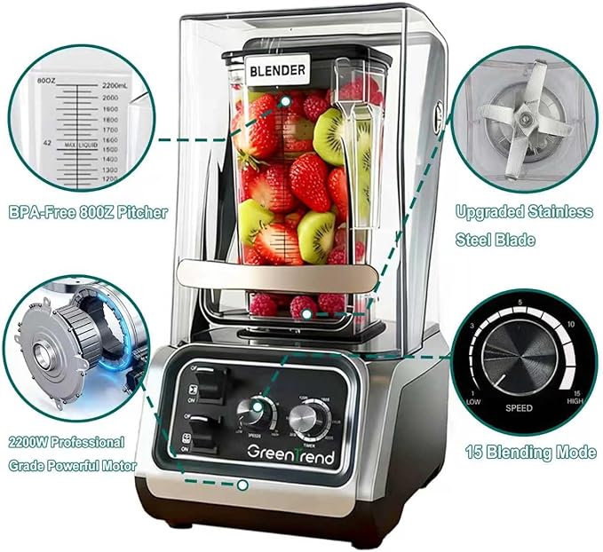 2200W Commercial Blender with Soundproof Enclosure | 80oz BPA-Free Jar | Self-Cleaning &amp Ice Crush Pro | Quiet Smoothie &amp Shake Maker for Restaurants Kitchens Cafes Smoothie Bars