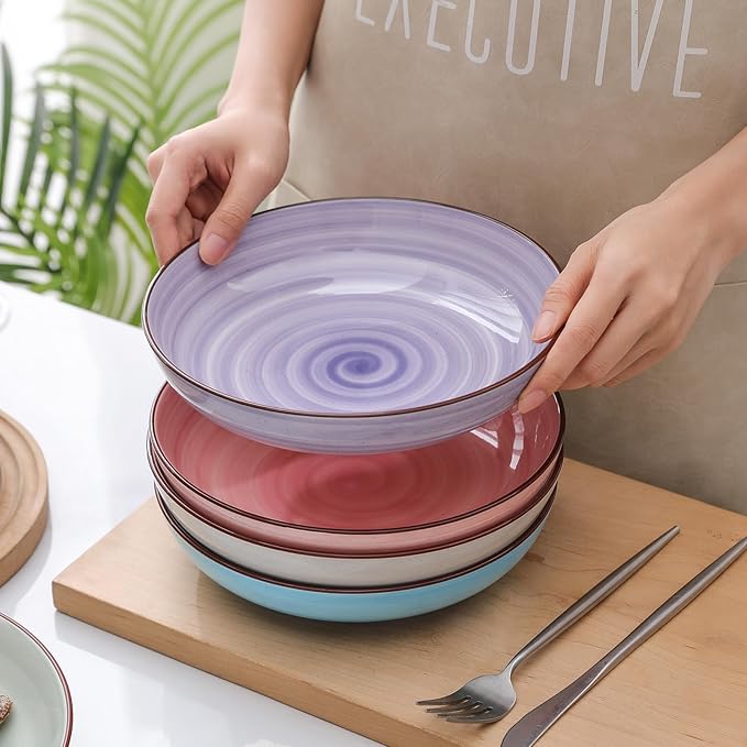 Selamica Ceramic 16-Pieces Dinnerware Set Ceramic Dishes Set for 4 Kitchen Plates and Bowls Sets Dinner Plates Set Spray Black Dots Gradient Color