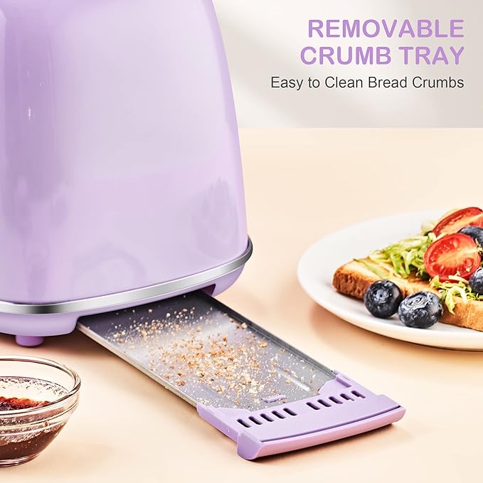 Roter Mond 2 Slice Toaster Retro Stainless Steel with Bagel Cancel and Defrost Functions 6 Bread Shade Settings Extra Wide Slots and Removable Crumb Tray Lavender-Purple