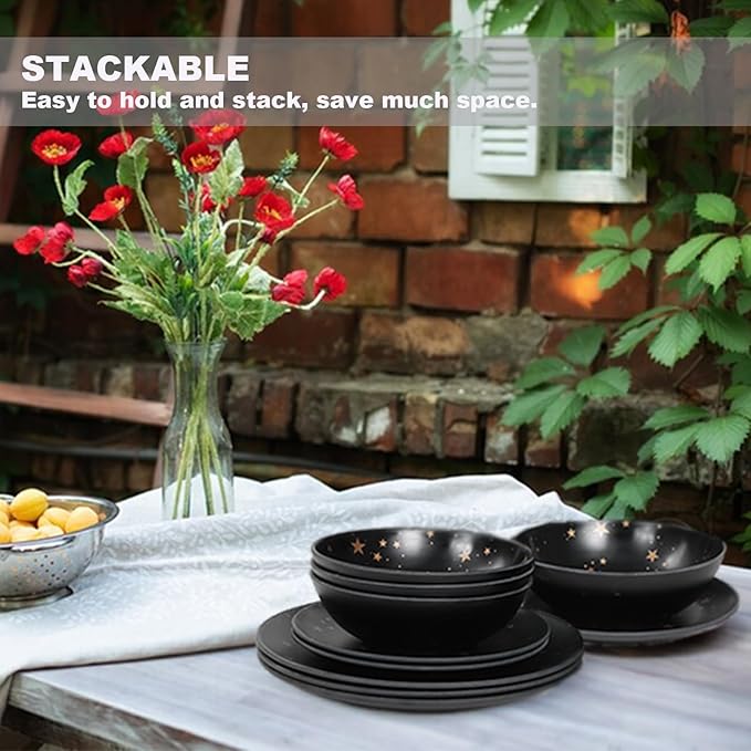 12 Piece Melamine Dinnerware Sets for 4 - Starry Pattern Camping Dishes Set for Indoor and Outdoor Use Dishwasher Safe Plates and Bowls Sets