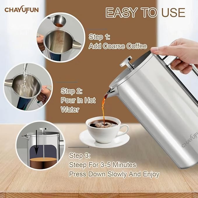 Premium Stainless Steel French Press Coffee Maker (5 Pack Filter)- 34oz/1L Thermal Insulated 304 Rust-Proof Metal Press - Heat-Resistant Ergonomic Handle BPA Free(Dishwasher Safe)