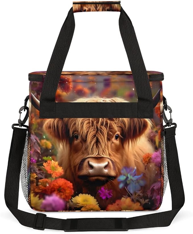 Coffee Maker Carrying Bag Highland Cow Flower Single Cup Coffee Maker Travel Bag Compatible with Keurig K-Mini or K-Mini Plus Portable Storage Bag with Shoulder StrapAZ-197