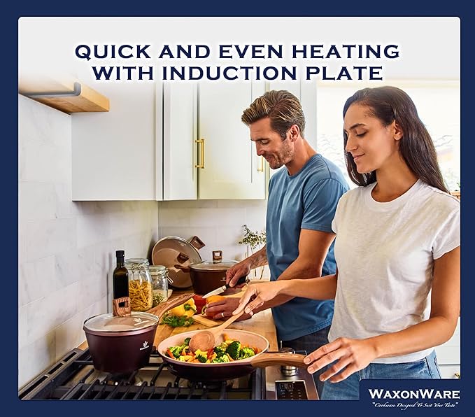 Waxonware 7pc Kitchen Pots and Pans Set Non stick German Coated Kitchen Cookware Set Premium - Dishwasher Safe and 100% PFOA and PTFE Free - Induction Cooking Non Stick Pots and Pan Set - Marbellous