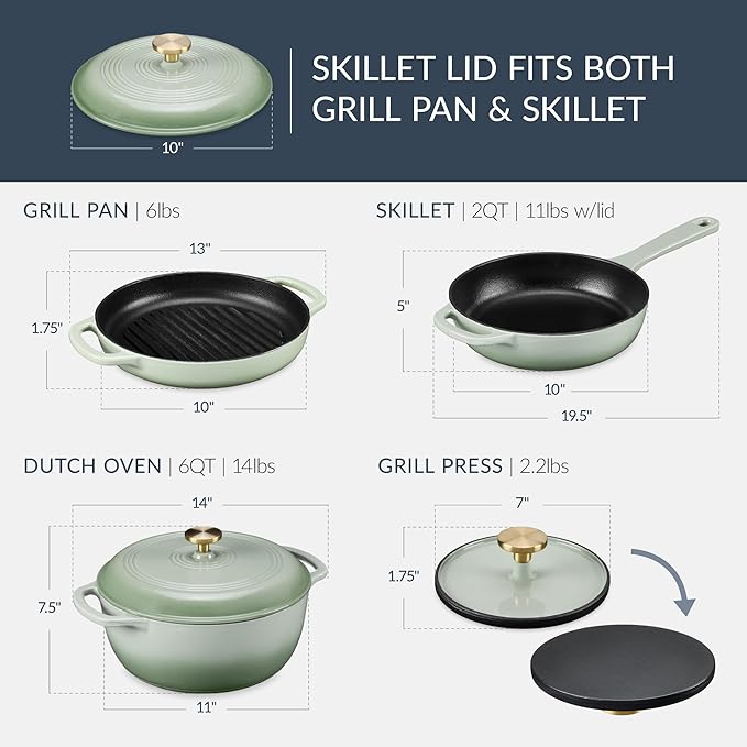 Best Choice Products Non-Stick Pot &amp Pan Cookware Set Cast Iron 2Qt Skillet W/Lid 10 Grill Or Griddle Pan W/Press 6Qt Enameled Dutch Oven Non-toxic For Cooking &amp Grilling - Sage