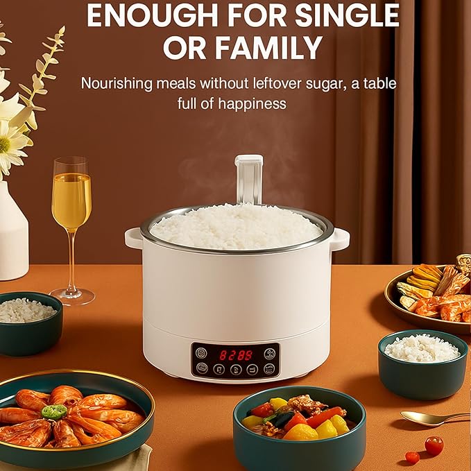 3L Low Sugar Rice Cooker with Lifting Steamer Basket Electric Stainless Steel Rice Maker Carb Reducing Fast Heating 3-Speed Touch Control Compact for Dorm Home Kitchen UseWhite