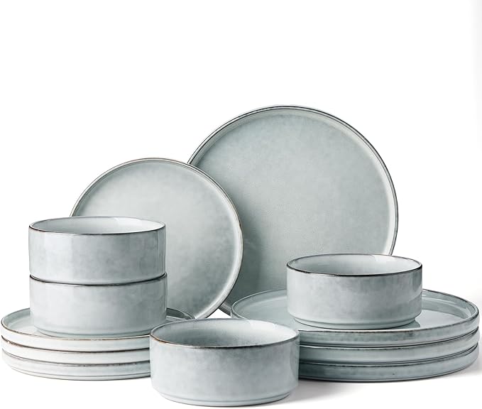 Famiware Annecy Plates and Bowls Sets 12 Pieces Dinnerware Sets Microwave and Dishwasher Safe Dishes Set for 4 Chip and Scratch Resistant Grey-Blue
