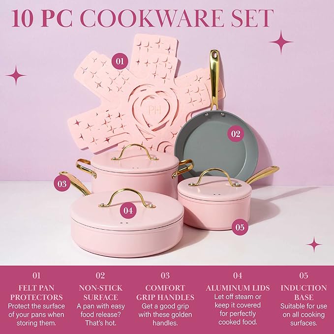 Paris Hilton 12-Piece Pink Nonstick Pots and Pans Set Multi-layer Nonstick Coating Tempered Glass Lids Soft Touch Stay Cool Handles Made without PFOA Dishwasher Safe Cookware Set