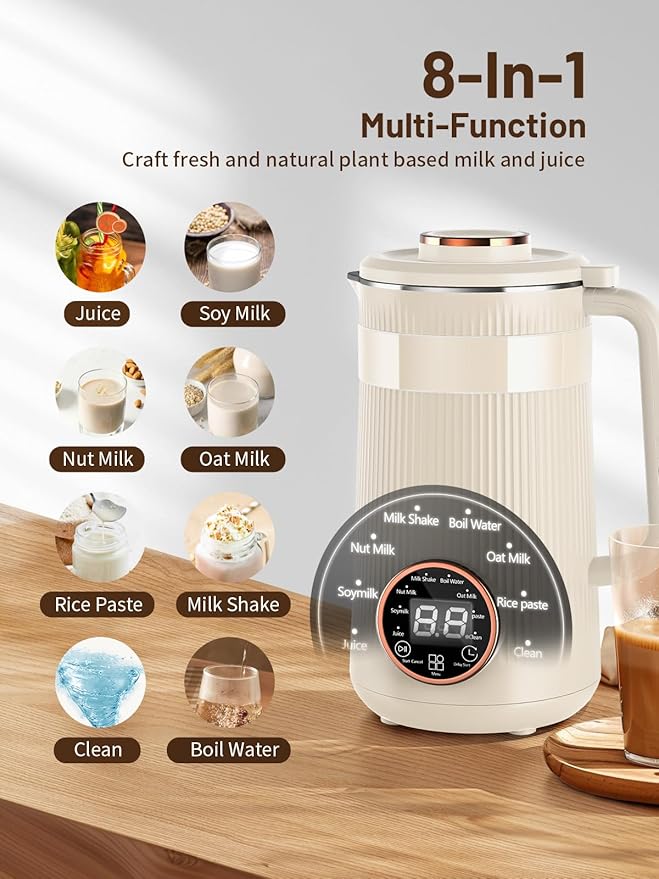 Nut Milk Maker Machine 35oz Homemade Soy Almond Oat Coconut Plant Based and Non Dairy Beverages 8 in 1 Automatic Soybean Machine With 12H Delay Start/Keep Warm/Boil Water