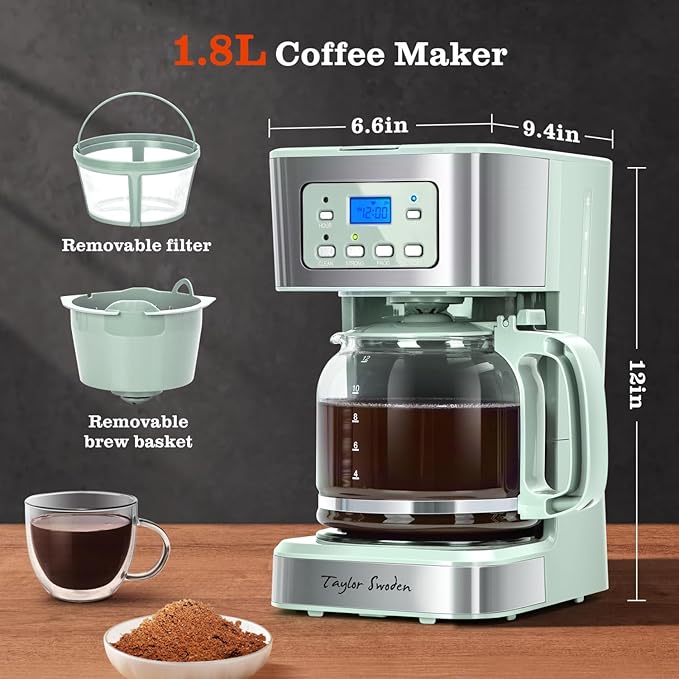 Taylor Swoden 12-Cup Programmable Coffee Maker Regular &amp Strong Brew Drip Coffee Machine for Home and Office Glass Carafe Pause &amp Serve Auto Shut Off Green &amp Stainless Steel