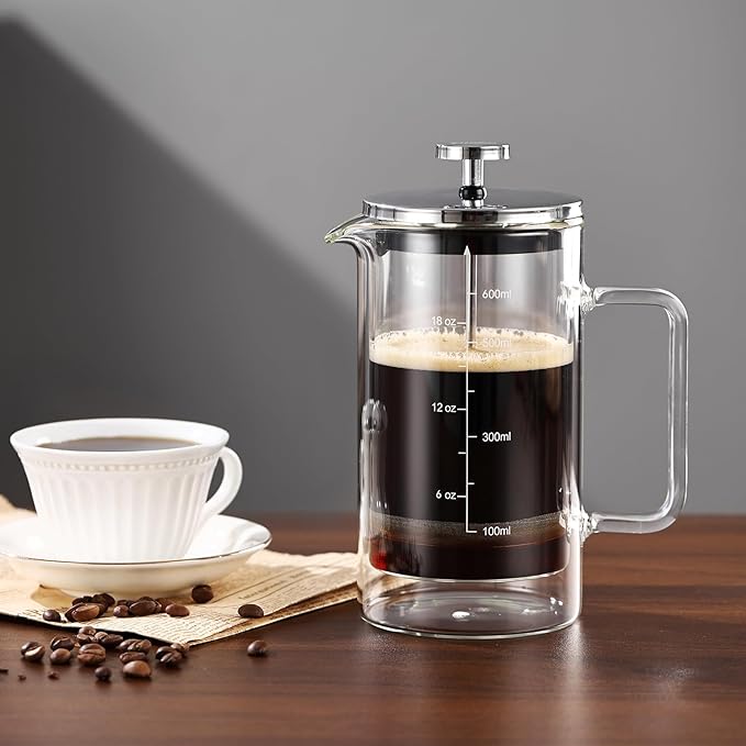 Bincoo French Press Coffee Maker 600MLDouble Wall Insulated Borolicate Glass French Press for Tea and Frothed Milk Press