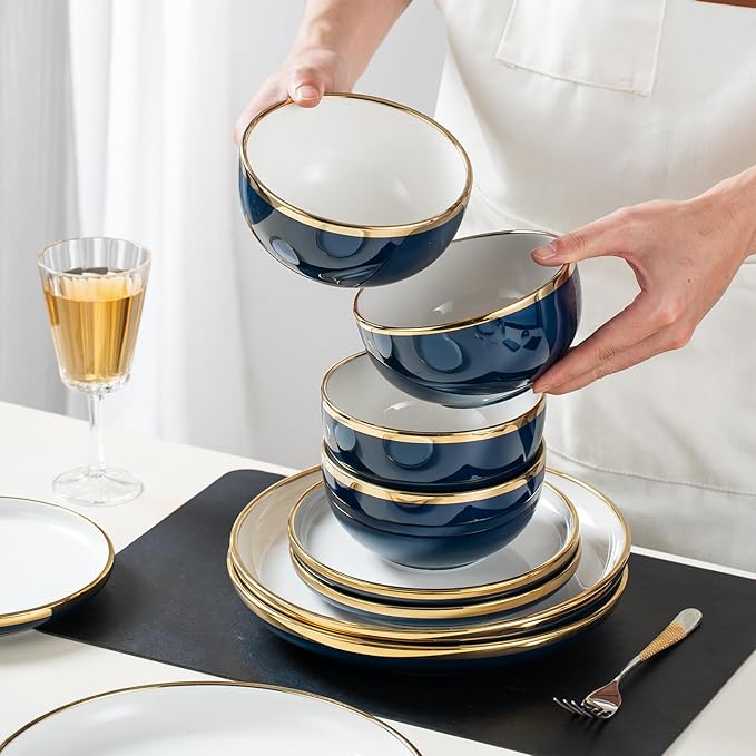 Stoneware Tableware Set for 4 Ceramic Dinnerware Sets with Gold Trim Including 10.5 Dinner Plates 7.75 Dessert Plates 6 Dinner Plates and 14oz Coffee Cups Porcelain (Blue Glod)