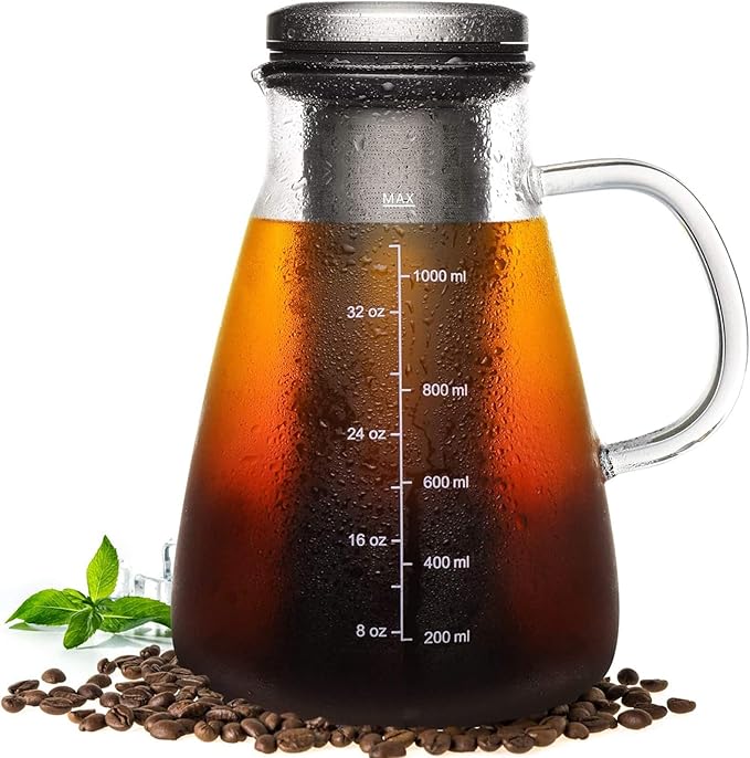 Cold Brew Iced Coffee Maker 34oz Brewed Coffee Pot with Removable Double Mesh 304 Stainless Steel Filter BPA-Free Cold Brew Pitcher Glass Container Tea Maker