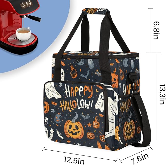 Happy-Halloween Coffee Maker Carrying Bag Ghosts Pumpkins Travel Storage Bag Compatible with K-Mini or K-Mini Plus Single Serve Coffee Brewer Carrying Case with Multiple Pockets &amp Shoulder Strap