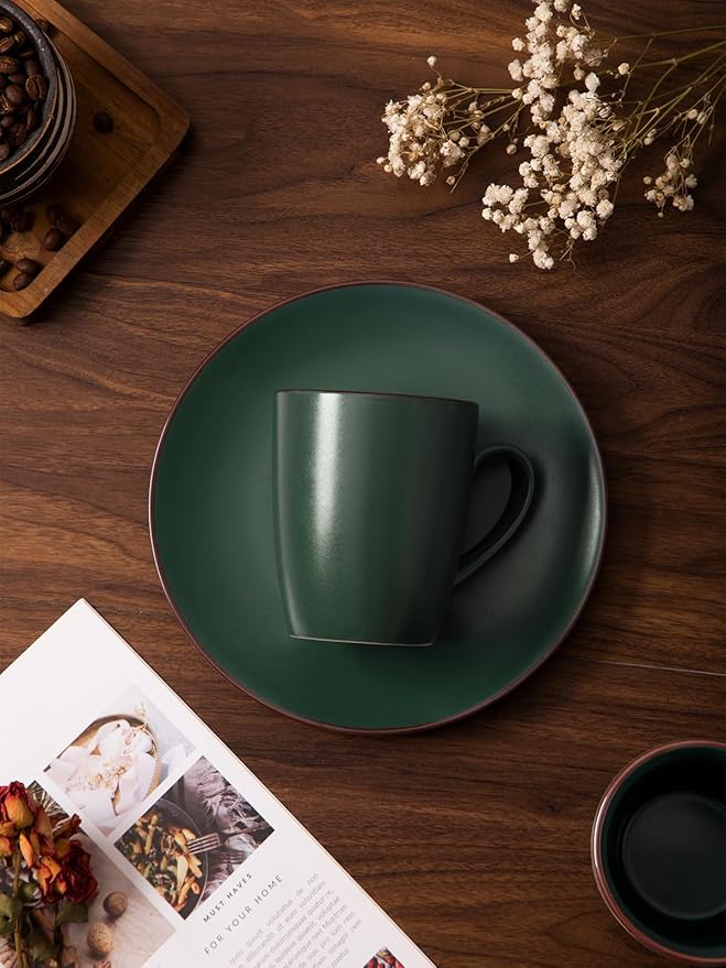 Famiware Venus Plates and Bowls Sets with Coffee Mugs Set 18 Pieces Stoneware Dinnerware Sets Dark Green