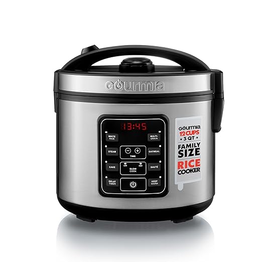 Gourmia Rice Cooker – 3 Qt Capacity 12 Cup Cooked 6 Cup Uncooked Digital Controls Grain Cooker &amp Steamer Built-In Steamer Basket Nonstick Ceramic Pot Delay Timer Keep Warm Stainless Steel