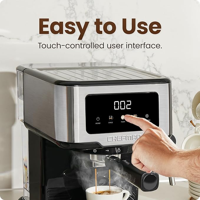 Chefman CraftBrew Espresso Machine 15-Bar Pump Digital Espresso Maker w/Steam Wand for Latte &amp Cappuccino Compact Espresso Coffee Machine w/ 1.5L Removable Water Reservoir - Stainless Steel