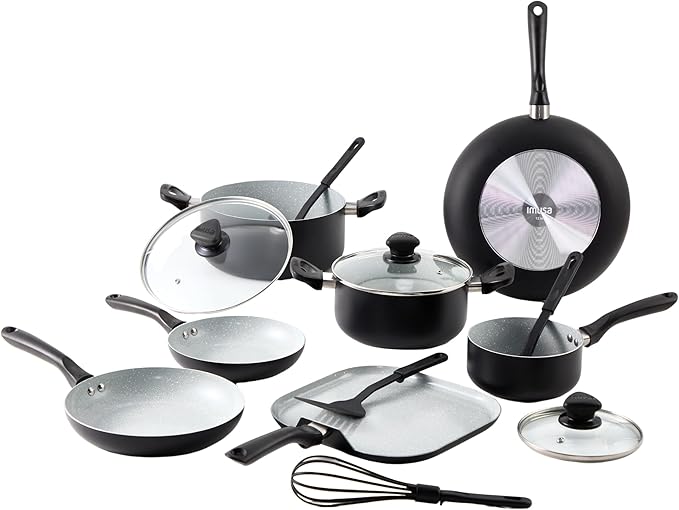 IMUSA Nonstick Ceramic Cookware Set 14-Piece with Soft-Touch Handles Aluminum Black