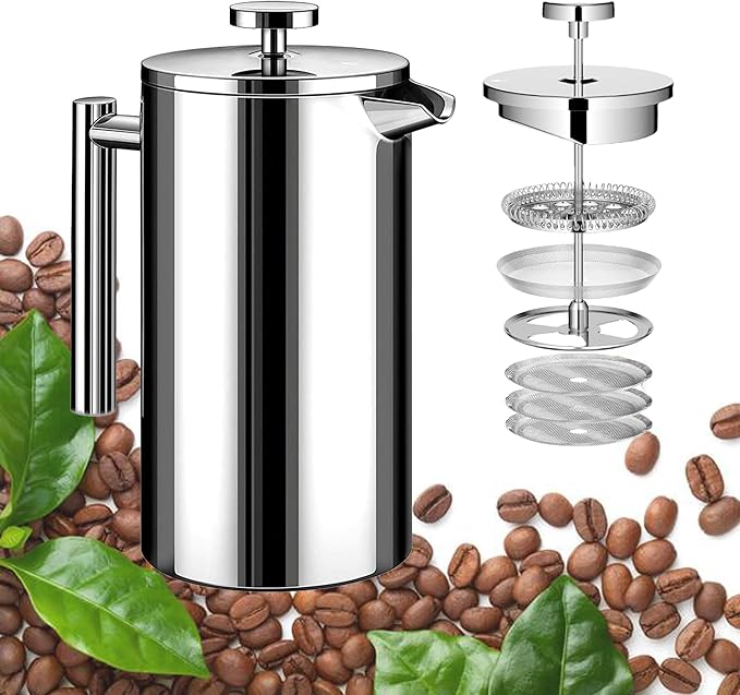 Small French Press Stainless Steel Coffee Maker 21oz(3 Cups) Double Wall Insulated for Hot&amp Cold Brew Compact Coffee&amp Tea Press for Camping Office Travel with 3 Ultra-Fine Filters &amp Sp