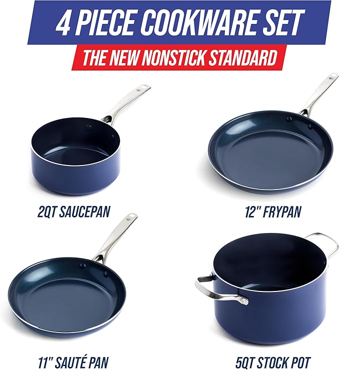 Blue Diamond Cookware Diamond Infused Ceramic Nonstick 4 Piece Cookware Pots and Pans Set PFAS Free Dishwasher Safe Oven Safe Blue