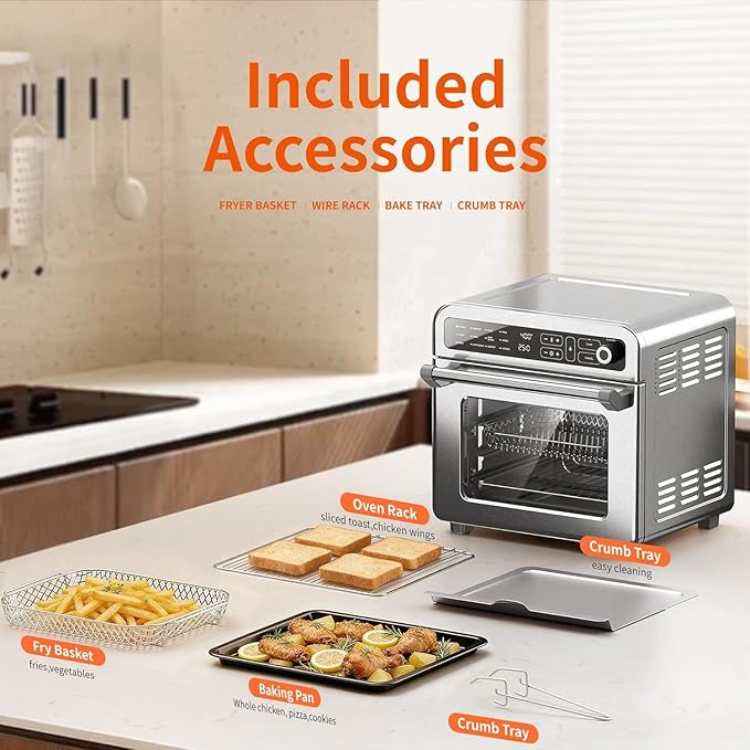 18QT Air Fryer Toaster Oven Combo12-in-1 Large Convection Airfryer Oven with 70–450℉ Temperature Control &amp 60-Minute TimerRoast &amp Broil Fits 8-10″ PizzaStainless Steel (Silver)