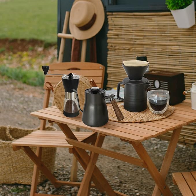 SOTECH Pour Over Coffee Maker Set All in 1 Coffee Kits- 304 Stainless Steel Kettle with Thermometer Coffee Grinder Coffee Dripper &amp Server of Portable Travel Bag For Outdoor Camping
