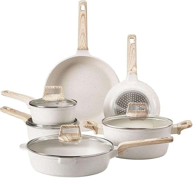 17 Piece Pots and Pans Set Nonstick Granite Cookware Induction Ready - White Kitchen Cookware Set with Lids