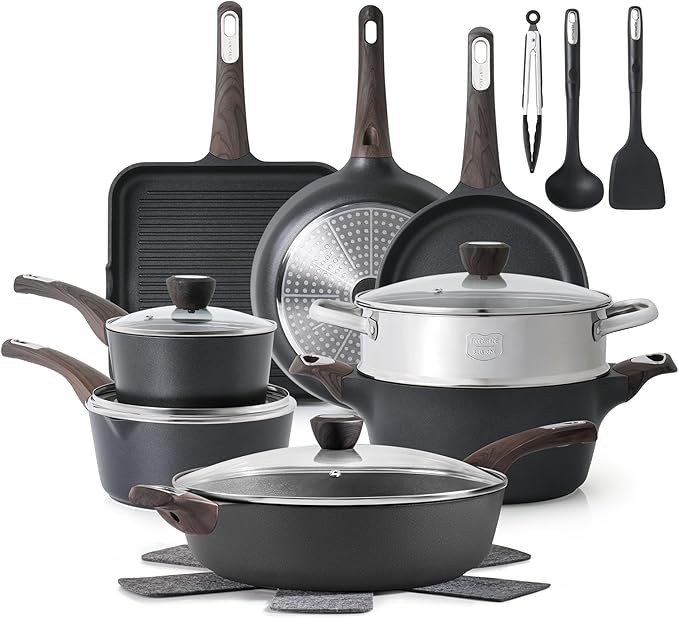 SENSARTE Pots and Pans Set Nonstick 20 Pcs Induction Cookware Sets Non-toxic Healthy Non Stick Kitchen Cooking Set with Stay-Cool Handles PFOA PFOS Free Black